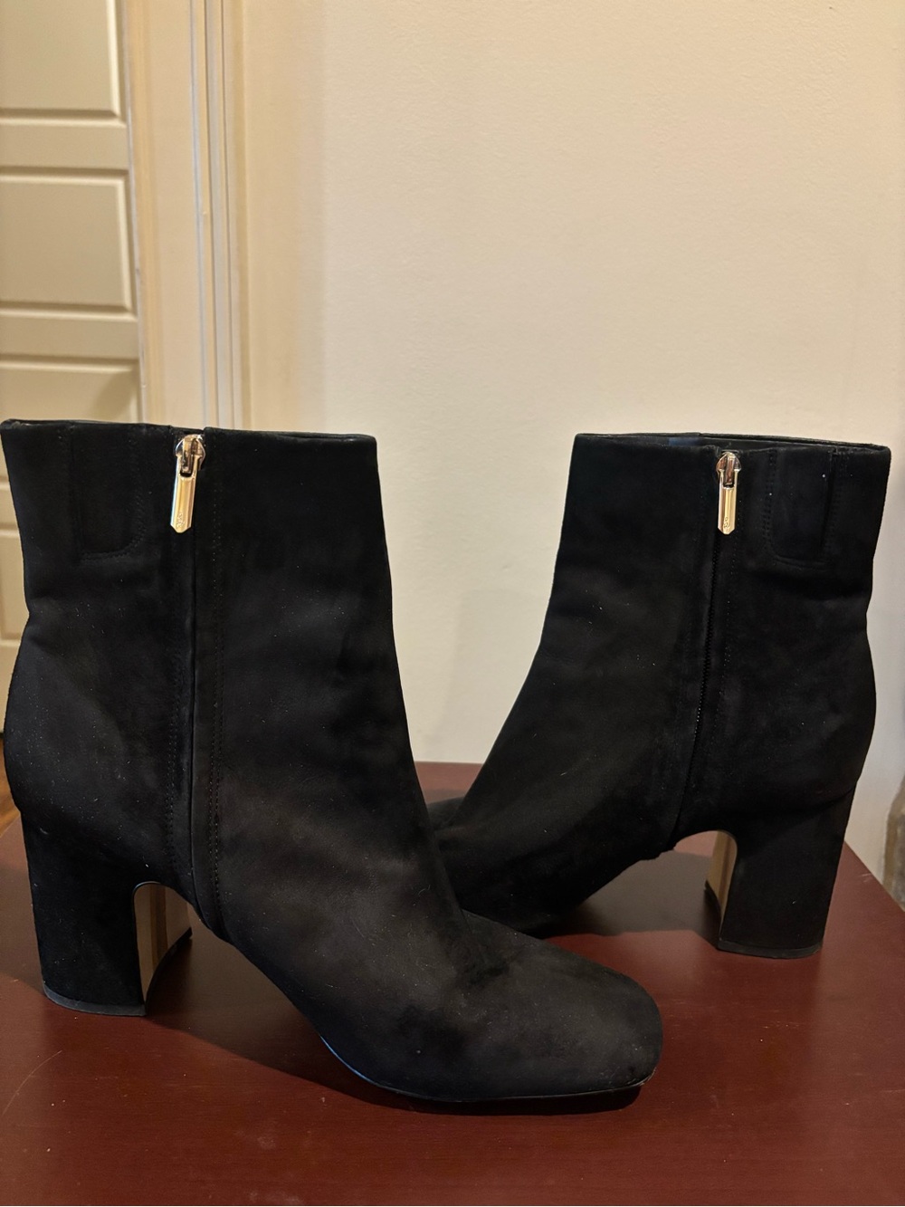 Sam Edelman Black Suede Ankle Booties with Gold Zipper Detail